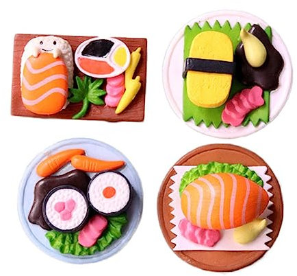 GARVALON 4Stücke Miniatur Sushi Ornamente Realistische Lebensmittel Dekoration für Puppenhaus Tischdekoration Küche Büro Langlebige PVC Nachbildung von Japanischem Sushi