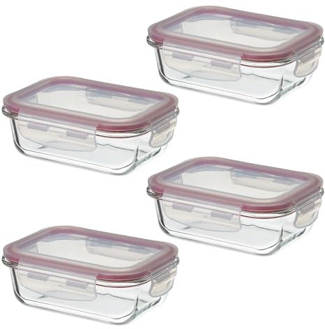 LOLAhome Set de 4 fiambreras de cristal con tapa hermética de 370 ml. Juego de 4 recipientes herméticos de vidrio de borosilicato transparente apto para microondas, horno hasta 400ºC y congelador.