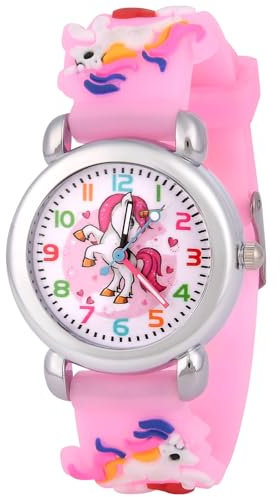 OFFCUP Orologio da Polso per Ragazzi e Ragazze, Orologio per Bambini Movimento al Quarzo, Orologio Educativo 3D Cartone Animato Cinturino in Silicone per bambini da 3 a 12 Anni -unicorno rosa chiaro