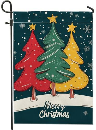 Drapeau de jardin pour sapin de Noël, drapeaux de décoration extérieure rouge, vert, jaune, drapeau de cour double face en toile de jute pour vacances d'hiver, décoration de pelouse de Noël, 30,5 x
