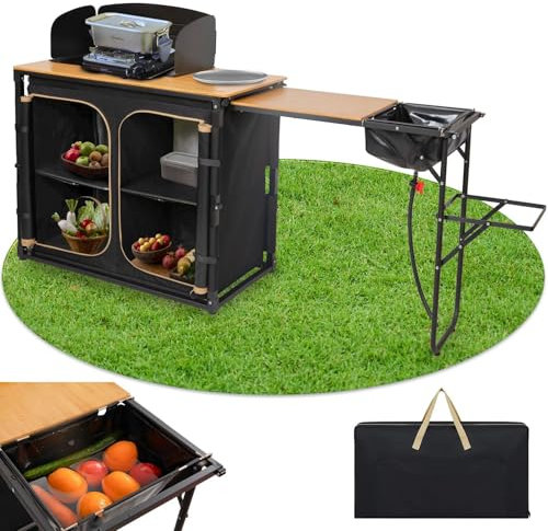 KingCamp Cuisine de Camping Pliante avec évier – Meuble de Cuisine extérieur en Bambou et Aluminium, Pliable, avec Pare-Vent, Parfait pour Barbecue, Pique-Nique et Camping