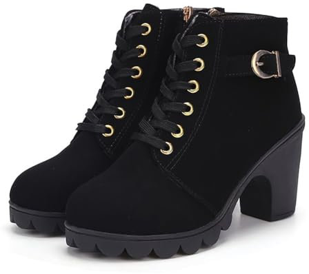 Dernolsea Women's Lace Up Ankle Boots - Platform Block Heel & Zip - Ladies Chunky Heeled Boots Black 4 UK