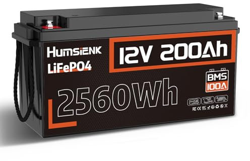 Humsienk 12V 200Ah LiFePO4-Lithiumbatterie, integriertes 100A BMS, Niedertemperaturladung, 15000 Tiefentladezyklen für Wohnmobil-Solarsysteme und netzunabhängige Stromversorgung