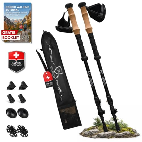 SOLOHIKE Nordic Walking Stöcke für Damen und Herren | rutschfeste Korkgriffe | Mit Tragetasche und Aufsätzen zum Laufen, Spazieren und Reisen | Ergonomische Handschlaufen | Stabiles Teleskop System