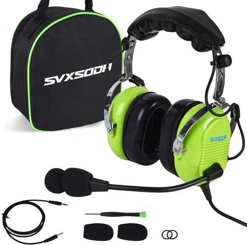 SVXSODA Audio mono stéréo, GA - Double prise - 24 dB PNR - Réduction du bruit - Casque d'aviation avec micro - Pour étudiants, pilotes, passagers, techniciens au sol (629-B) - Vert vif