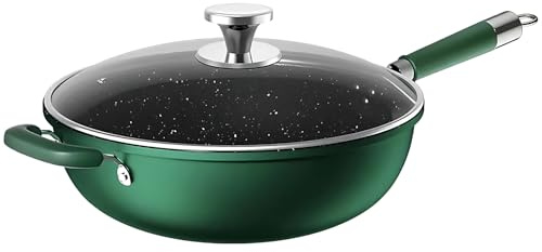 Non Stick Wok Pan with Lid,Induction Safe Frying Pan,34cm Deep Chinese Wok | for Healthy Family Cooking work with All Hob Types,Easy Clean