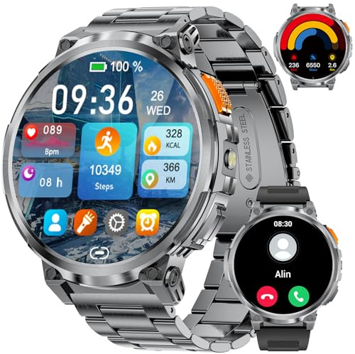 LIGE Montre connectée Homme, Batterie 730 mAh, écran HD 1,85'', Bluetooth, Lampe Torche,130+Modes Sportifs, SpO2/fréquence Cardiaque/Pression artérielle/Sommeil, Compatible Android iOS