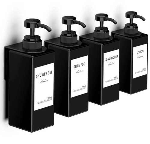 Anhow 4er Seifenspender Wandbefestigung Set, 500ml Seifenspender Wand Ohne Bohren Kunststoff Spülmittelspender mit 16pcs Wasserdichten Etiketten für Küche und Badezimmer - Schwarz