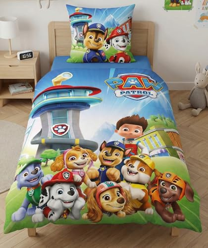 Paw Patrol Kinderbettwäsche 140x200 + Kissenbezug 65x65 Chase Marcus Stella | Wendebettwäsche Einzelbett | Die Truppe am Hauptquartier | Baumwoll-Mischgewebe Oeko-Tex schnelltrocknend | 3-8