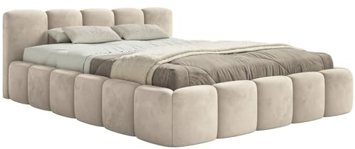 Selsey Polsterbett 200x200 cm Modernes Design, Stabiler Metallrahmen mit Gasdruckfedern Piano-Veloursstoff in Hellbeige Bett mit Bettkasten Maximale Belastung 250 kg
