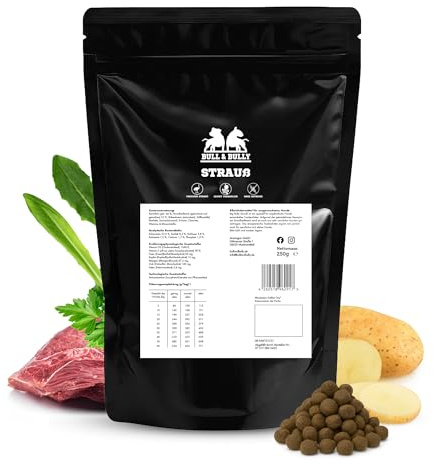 Hundefutter Trocken Big Bully Strauß – Trockenfutter für Hunde 250g | Tierärztlich entwickeltes Hundetrockenfutter Premium Dog Food – Energiereiches Monoprotein Hundeleckerli von BULL & BULLY