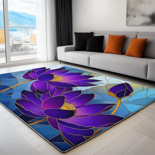 Generisch Abstrakte Kunst Waschbarer Rutschfester Teppich 80 x 150 cm, Lila Blumen Kurzflor Teppich Bodenläufer für Flur Eingangsbereich Wohnzimmer und Hochfrequentierte Bereiche