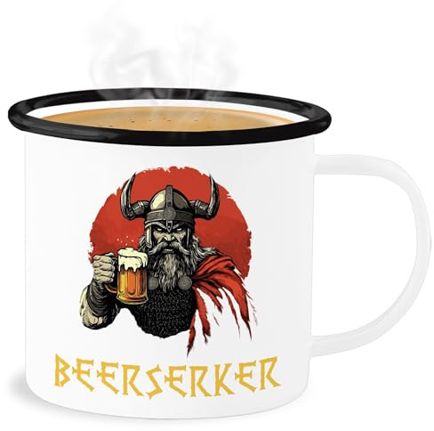 Emaille Becher Blechbecher - Wikinger & Walhalla Tasse - Beerserker - Vikings lustig Bier trinken saufen Berserker - 300 ml - Weiß Schwarz - viking nordische mythologie nordisch valhalla