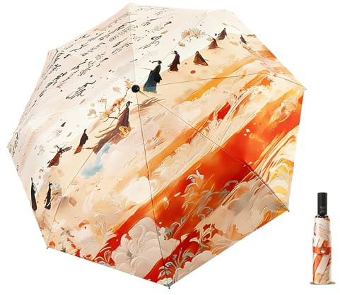 Maibar Umbrellas for Women Chinese Style 3D Painting UV Umbrella Sun Protection UPF 50 SPF 50 Folding Compact Hand Parasol (Auto Open Button)
