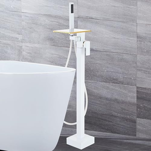 ZHANGshouf Freistehende Badewannenarmatur mit Wasserfall-Design, 360° drehbarem Warm- und Kaltwasserhahn, Einhebelmischer, Weiß + Gold