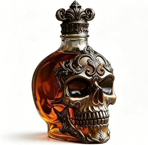 Vintage Gothic Skull Whiskey Decanter, Ornate Baroque Liquor Bottle with Embossed Skull Design and Crown Stopper, 2026 Skull Skeleton Glass Decanter for Men, Halloween Bar Shelf Decor (1pc)