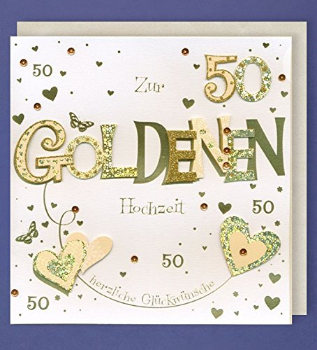 Goldhochzeit Grußkarte 50 Handmade Applikation Zwei goldene Herzen 21x21cm