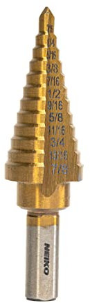 NEIKO 10185A Titanium Step Drill Bit, High-Speed Alloy-Steel Bit, Hole Expander for Wood and Metal, 12 Step Sizes from 3/16 Inch to 7/8 Inch.