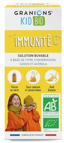 GRANIONS KID BIO IMMUNITÉ - Certifié BIO - Goût Banane - Stimule la résistance de l'organisme - Formule naturelle à base de sirop d'agave - Dès le plus jeune âge - Flacon 125 ml - Made in France
