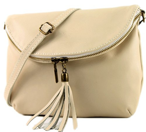 modamoda de T07 / T139 Damen Leder Umhängetasche, Klein, 2 Modelle, handmade in Italy, Farbe:Cremebeige
