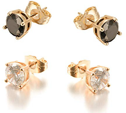 Yumay 9ct Gold Stud Earrings Made with Sparkling Diamond Black 7mm, White 6mm Cubic Zirconia for Women