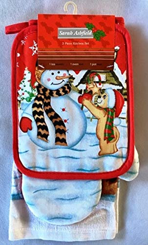 Ethel May 3 Pack Christmas Festive Xmas Tea Towel Set includes Tea Towel Oven mitt Gloves and Pot Mat Santa, Snowman, christmas tree and baubles (Snowman)
