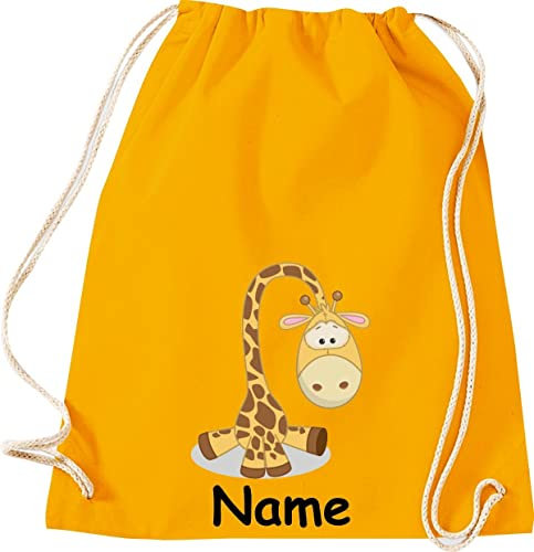 Shirtinstyle Gym Sack Kinder Turnbeutel Tiere Giraffe mit Wunschnamen, Beutel Tasche Hort Kita, Farbe Mustard