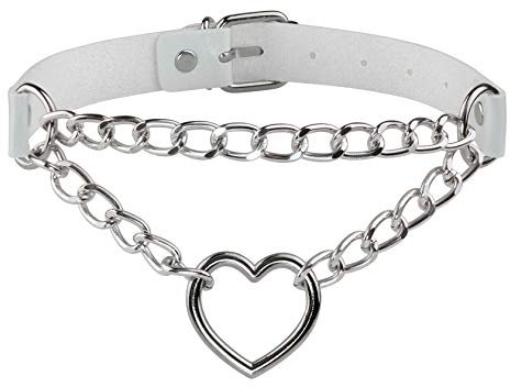 JJDreams Punk Halsband Gothic PU Leder Halsreif mit Kette Herz Anhänger elegant Choker Kragen schwarz Damen, Halskette mit Weiß Leder