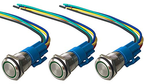 QitinDasen 3Pcs Premium 12V / 24V 5A Interruptor de Botón Momentáneo, 19mm Interruptor de Botón Metálico, LED Verde Interruptor Pulsador Impermeable IP67 con Enchufe de Cable