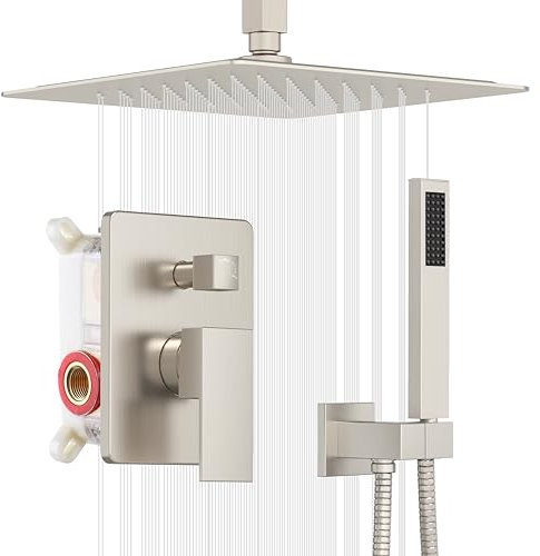 ESNBIA - Sistema de ducha de baño de 30,5 cm con cabezal de ducha de lluvia con kit de ducha de alta presión montado en el techo, grifo de ducha con válvula y relleno, níquel cepillado