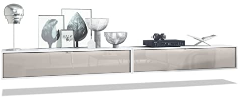 Vladon 2er-Set TV Board Lana 140, Made in Germany, Lowboards je 140 x 29 x 37 cm mit viel Stauraum, Korpus in Weiß matt, Fronten in Sandgrau Hochglanz | Große Farbauswahl