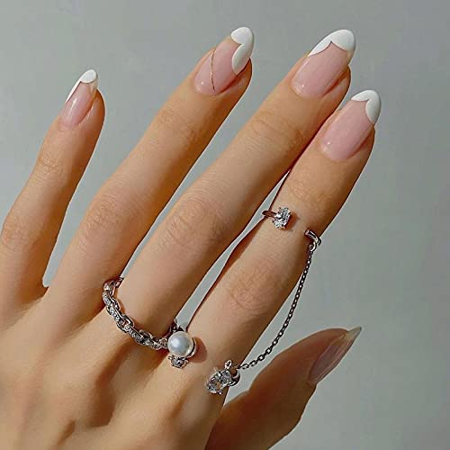 YUANYIRAN Vintage Verstellbare Öffnung Fingerring - Fashion Joint Ring Set Doppelring Kette Offener Ring, Unisex Weiß Zirkon Charm Schmuck Für Herren Damen Weihnachtsfeier Geschenk
