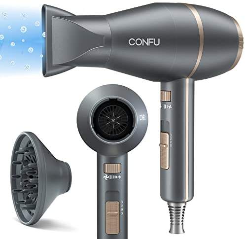 CONFU Föhn mit Diffusor 2200W Haartrockner Professional Fön AC Motor Schnell Trocken Leistungsstark Ionen Technologie mit Stylingdüsen 3 Temperatureinstellungen Grey