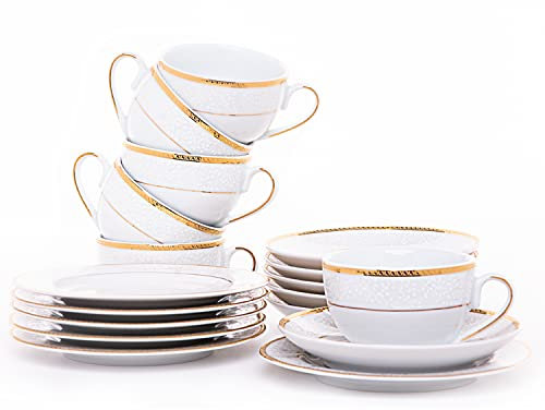 konsimo Tassen Set 18 Stück- NEW HOLLIS GOLD Cappuccino Tassen Set - Porzellan - Spülmaschinenfest - 6 Personen