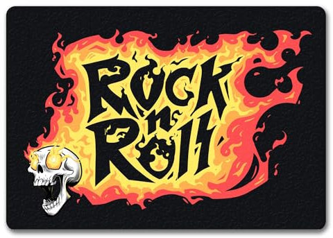 speecheese Rock n' Roll Fußmatte in 35x50 cm ohne Rand mit Flammen und Totenkopf als Geschenk für echte Rock 'n' Roll Fans die gerne abrocken zur Musik Gitarre Alternative Indie