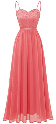 DRESSTELLS Robe de Soirée Longue Femme avec Bretelles Réglables et Dentelle Florale, Robe de Demoiselle d'honneur Élégante et Confortable pour Mariage, Bal et Autres Occasions Corail L