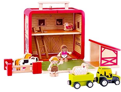 Udeas Bauernhof Spielzeug Holz, Holzspielzeug mit auffälligen Tierfiguren Bauernhof, Spaß Kinderspielzeug mit bunten Thema, Traktor mit Anhänger, Montessori Spielzeug