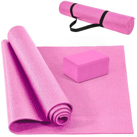 Signature Fitness All Purpose 0.25 Inch Thick High Density No Tear Exercise Yoga Mat with Strap & Lightweight Features for Indoor & Outdoor Use, Pink