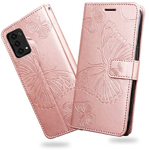 DENDICO Cover per Oppo Reno 6 PRO 5G, Portafoglio Custodia in PU Pelle per Oppo Reno 6 PRO 5G, Antiurto Cover a Libro con Slot per Carte, Oro Rosa