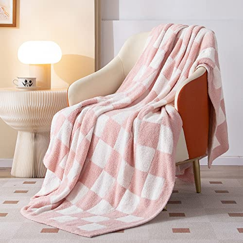 SeaRoomy Überwurfdecke, Schachbrett, weiche, Flauschige Decke, wendbar, Plüsch, rosa, warm, gemütlich, adrett, gestrickt, flauschig, kariert, Bettdekoration, Geschenk für Mädchen, 152 x 200 cm