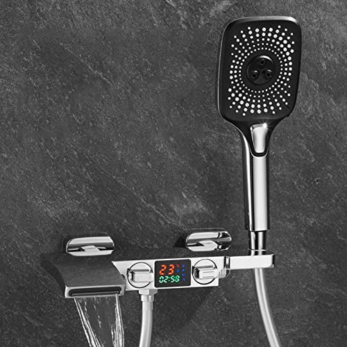 Yalsfowe Badewannenarmatur Wasserfall, Wannenarmatur mit Handbrause 3 Modi, Temperaturanzeige, Mischbatterie Badewanne, Wandmontage Badewannenarmatur, Badewanne Duscharmatur,Chrome