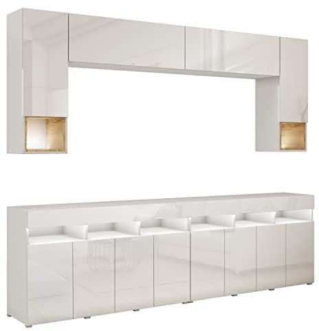 BROMARKT Premium Wohnwand Wohnzimmer Set 6 Teile – Wohnzimmer Schrank - Wohnzimmer Möbel mit Kommode – Wohnwand Modern - Wohnzimmerschrank Komplett Möbel - Hochglanz Weiß