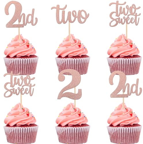 24 Stück Two Tortendeko Glitzer 2nd Geburtstag Cupcke Toppers Two Jahr alt Kuchen Deko für Baby Dusche Kinder Jungen Mädchen Two Sweet Geburtstag Party Kuchen Dekorationen Rosegold