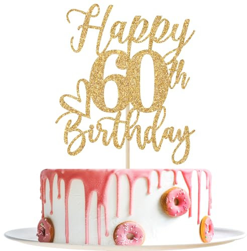 Happy 60th Birthday Cake Topper, 60th Birthday Cake Decorations for Men/Women, Cheers to 60 Years, Hello 60, 60th Happy Birthday Party Supplies Gold Glitter