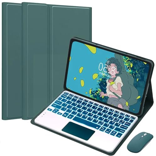 EHLCYS Custodia con Tastiera per Lenovo Tab P11 2a Generazione 11,5 Pollici 2023 (TB350FU/TB350XU), Tastiera Touchpad Rimovibile Retroilluminata 7 Colori, Custodia Ultra Sottile con Mouse,Verde