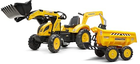 Falk Trettraktor Komatsu mit Frontlader, Heckbagger und Maxi-Anhänger - Gelbes Ride Along Spielzeug, 360° drehbarer Sitz, geeignet für Kinder ab 3 Jahre