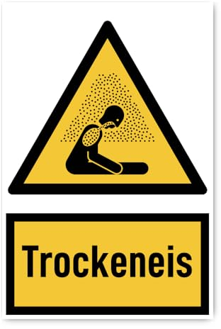 Aufkleber: 300x200 mm, 1 Stück - Trockeneis - Warnzeichen mit Text (deutsch) (gelb/schwarz) - hochkant - W041 - DIN EN ISO 7010 / ASR A1.3