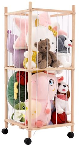 Wooden Stuffed Animal Storage, Stuffed Animal Zoo Storage Box with 360° Brake Wheels Toy Storage Holder, Plush Toys Storage Organizer for Kids Playroom, Bedroom, Nursery