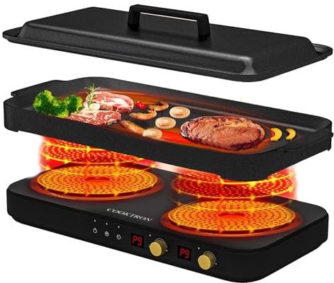COOKTRON Double Induction Hob with Removable Iron Cast Griddle Pan, Portable Induction Hob 2 Plates With Sensor Touch 9 Power Levels, 99 Min Timer, suitable for Magnetic Cookware, 2800W