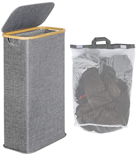 efluky Cesto Ropa Sucia con Tapa 63L, Cesta Ropa Sucia Estrecho de Bambú, Cesta de Almacenamiento, Cubo Ropa Sucia Pequeño Plegable para Baño, Dormitorio, Lavadero, Gris Azulado